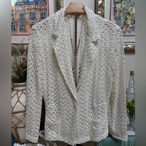 Alberto Makali Cream Lace Crochet Blazer Boho Jacket Lightweight Sheer Top Sz L - Picture 2 of 9